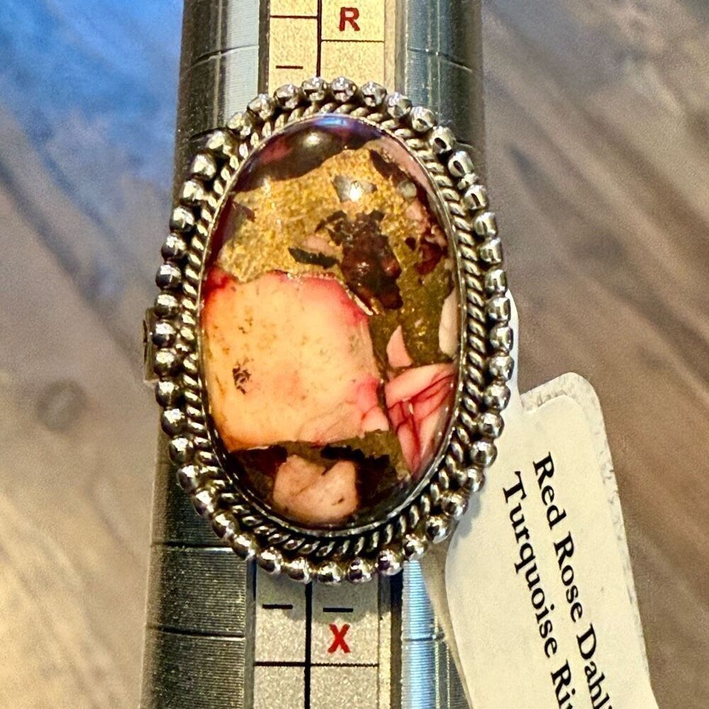 Southwestern Pink Rose Dahlia Turquoise Oval Beaded Ring Sterling Silver New